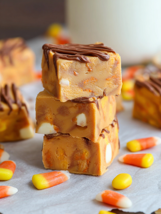 A stack of three cake bars with caramel and chocolate toppings.