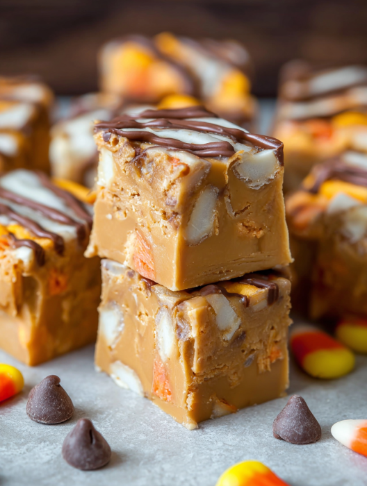 A close up of a candy bar with caramel and peanut butter.