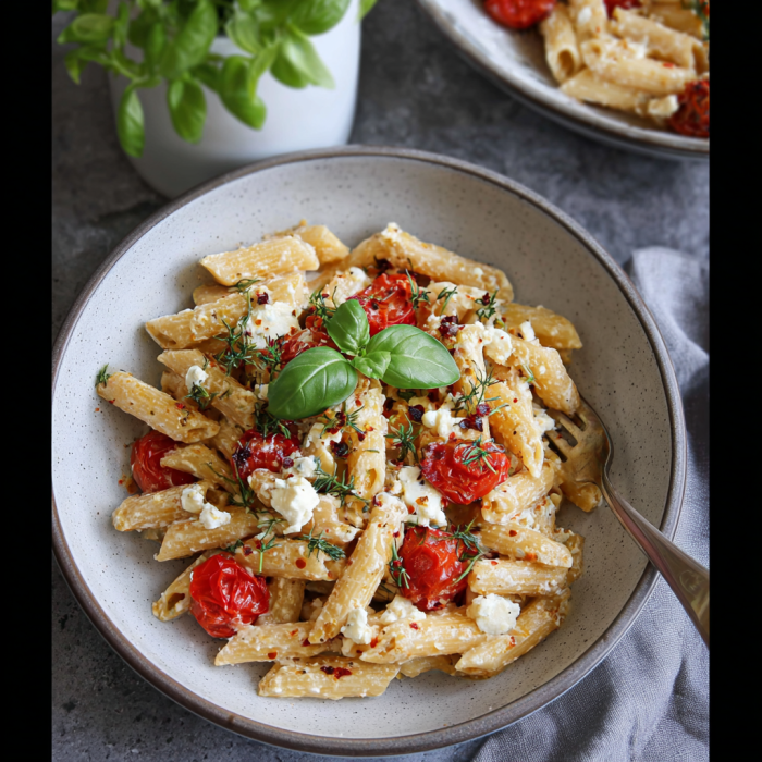 A plate of pasta with tomatoes and feta cheese.