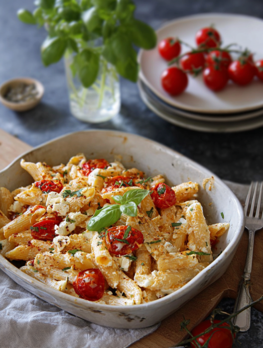 A bowl of pasta with tomatoes and basil.