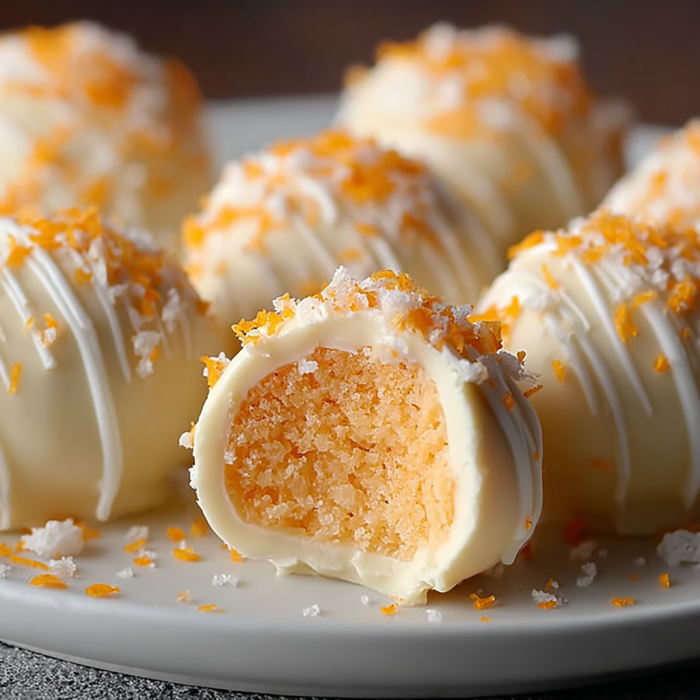 Orange creamsicle truffles on a plate.