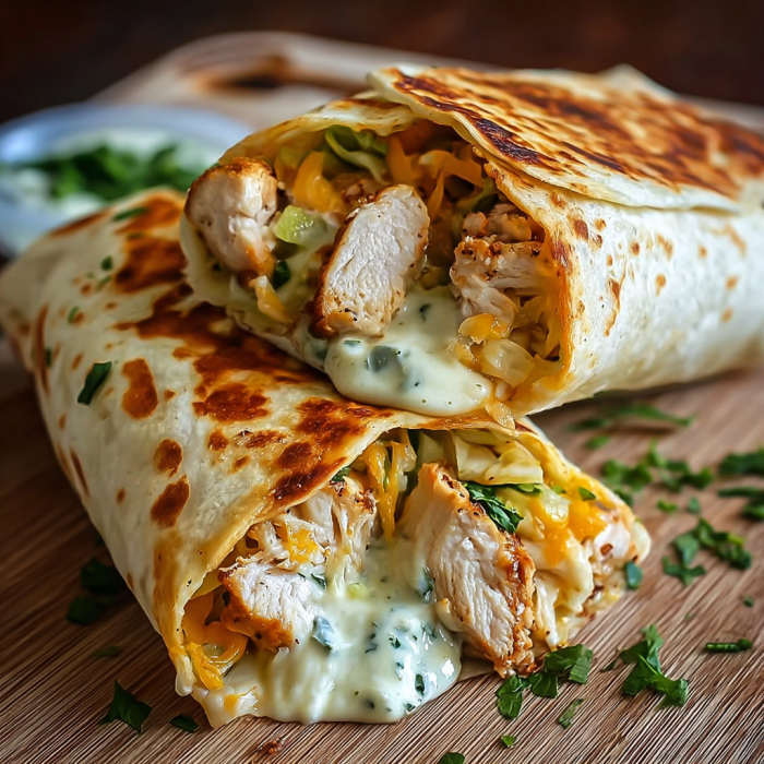 A delicious garlic chicken wrap with cheese and sauce.