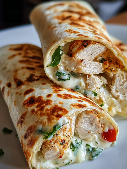 A delicious looking garlic chicken wrap.