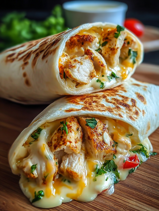 A delicious looking garlic chicken wrap.