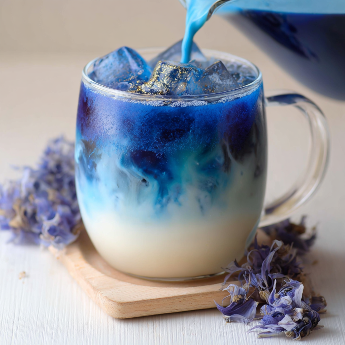 A cup of blue and white tea with a blue butterfly pea flower.