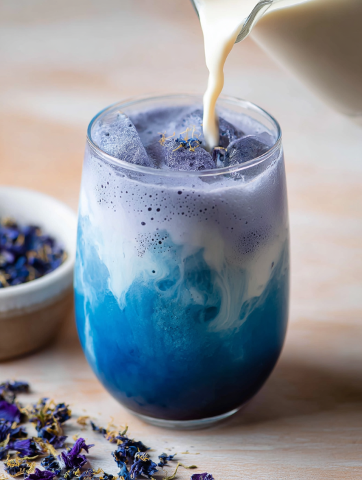 A glass of blue milk tea with a spoon in it.