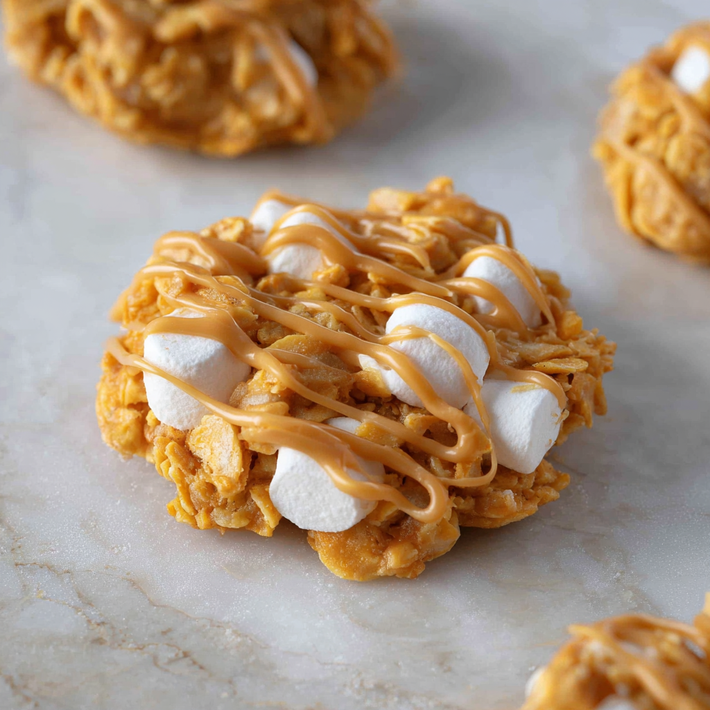 A close up of a cookie with marshmallows and peanut butter.