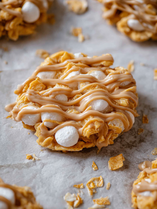A close up of a cookie with marshmallows and peanut butter.