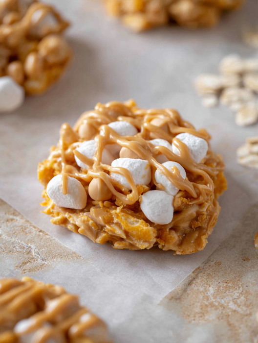 A close up of a cookie with marshmallows and peanut butter.
