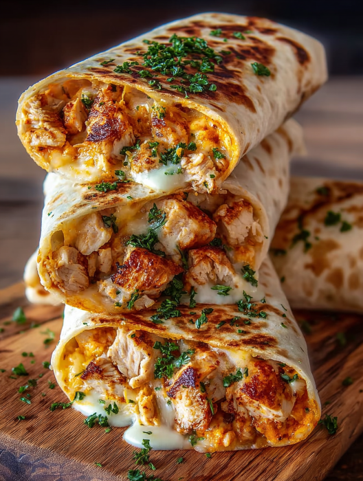 A stack of cheesy garlic chicken wraps.