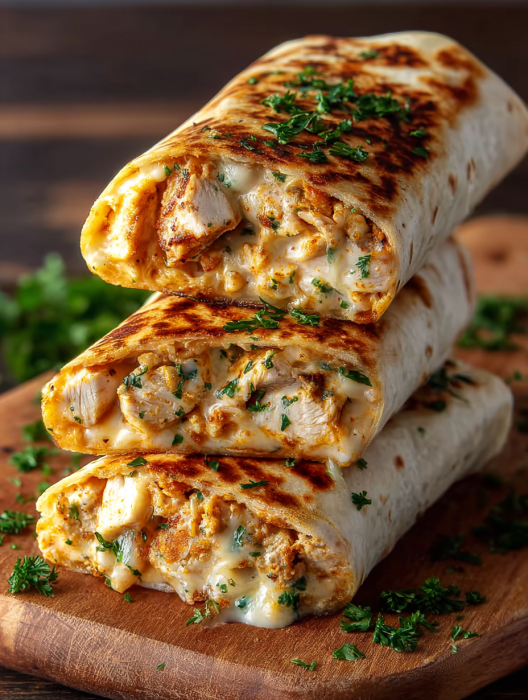 A stack of three cheesy garlic chicken wraps.