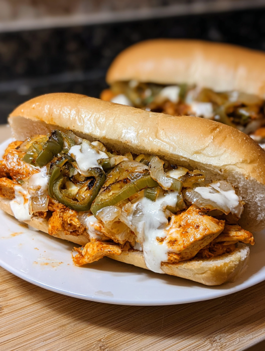 A buffalo chicken cheesesteak on a white plate.