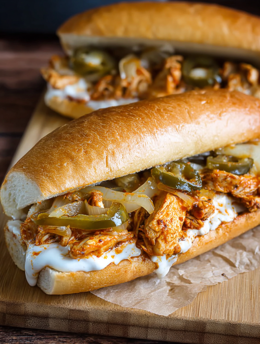 A buffalo chicken cheesesteak sandwich with onions and peppers.
