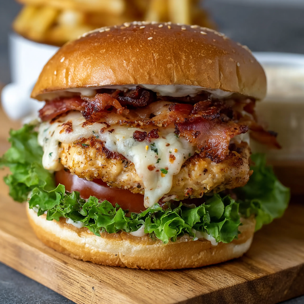 A Crack Chicken Burger Recipe with bacon and cheese.