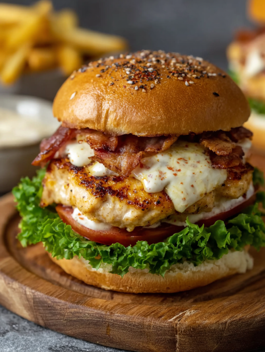 A burger with bacon and cheese on a bun.