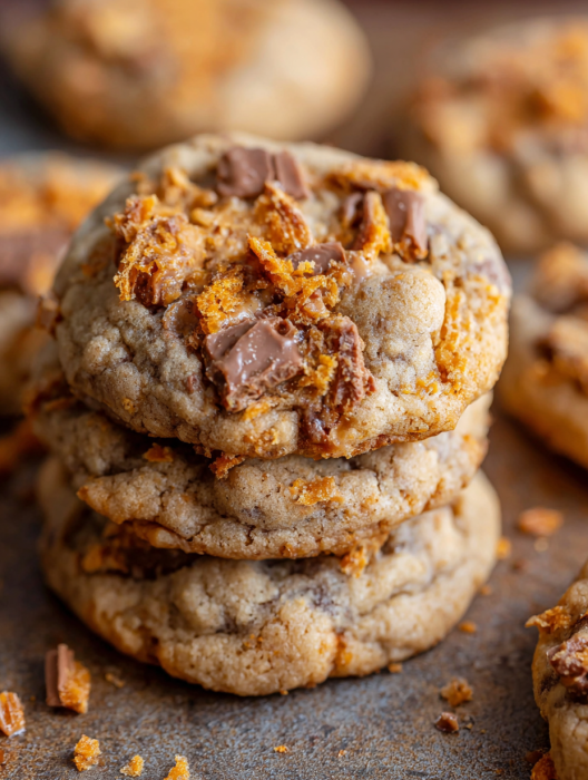 A stack of thick and chewy peanut butter butterfinger cookies.