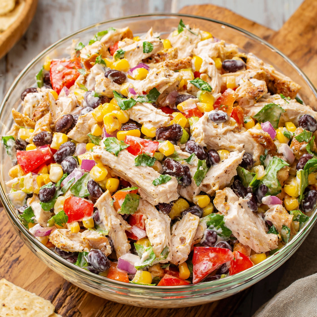 A bowl of chicken salad with corn and tomatoes.