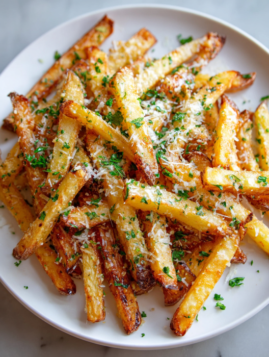 A plate of french fries with cheese and herbs.