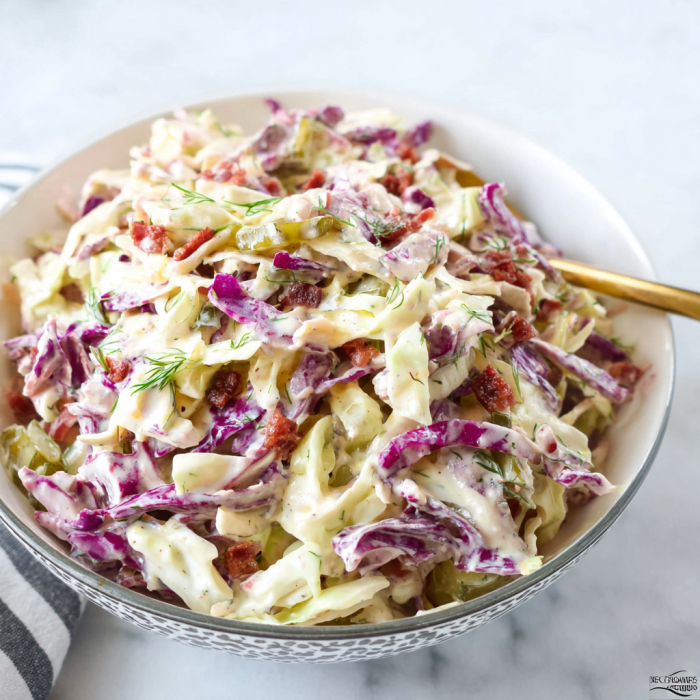 A bowl of dill pickle slaw.