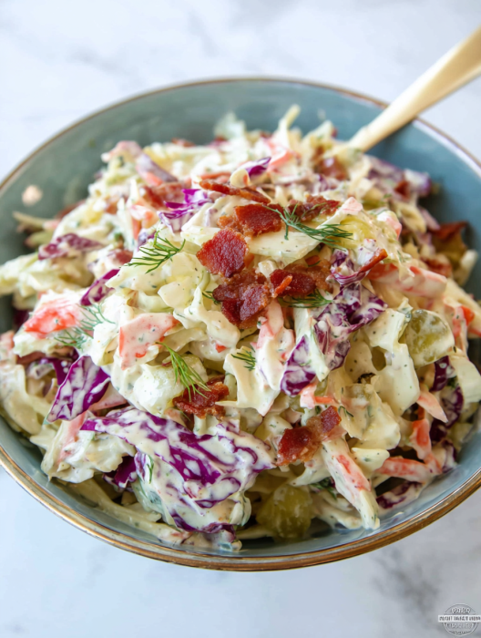 A bowl of dill pickle slaw.