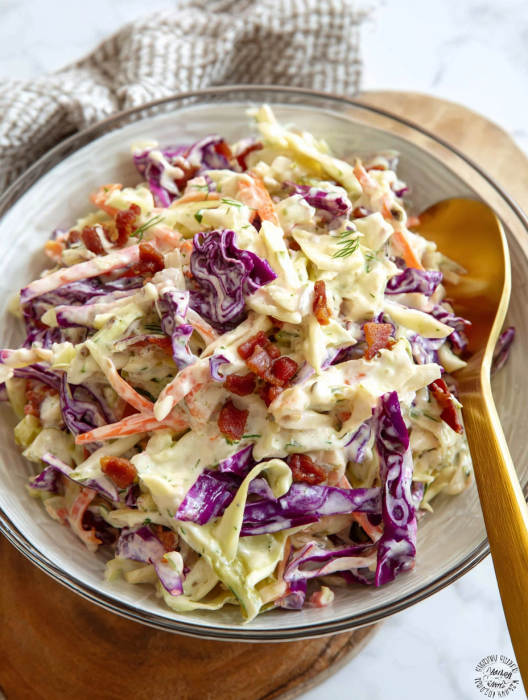 A bowl of dill pickle slaw.