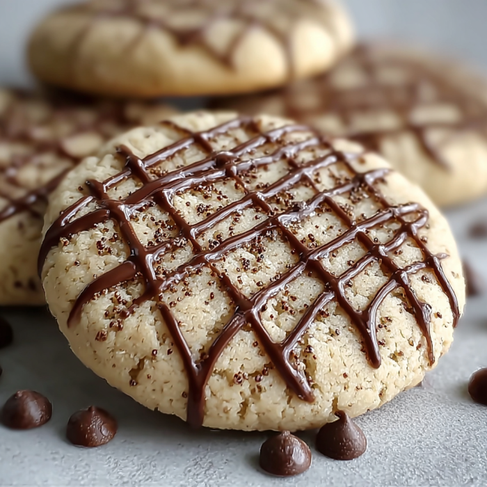 A close up of a chocolate drizzled cookie.