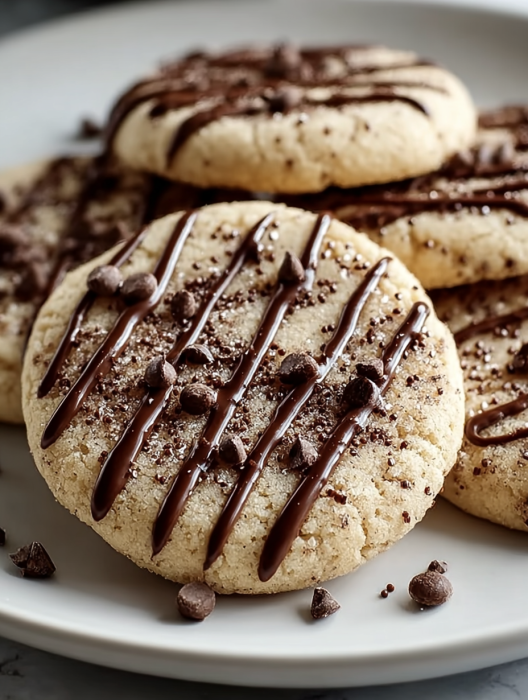 A plate of cookies with chocolate drizzle.