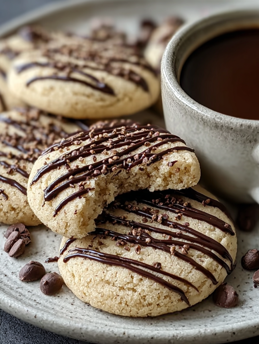 A plate of cookies with chocolate drizzle.