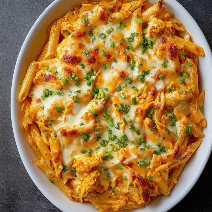 A white bowl filled with a cheesy buffalo chicken pasta bake.