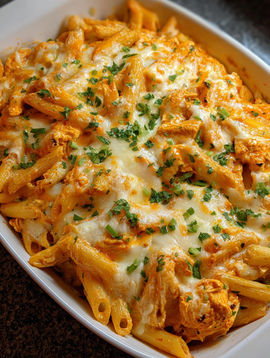 A cheesy buffalo chicken pasta bake.