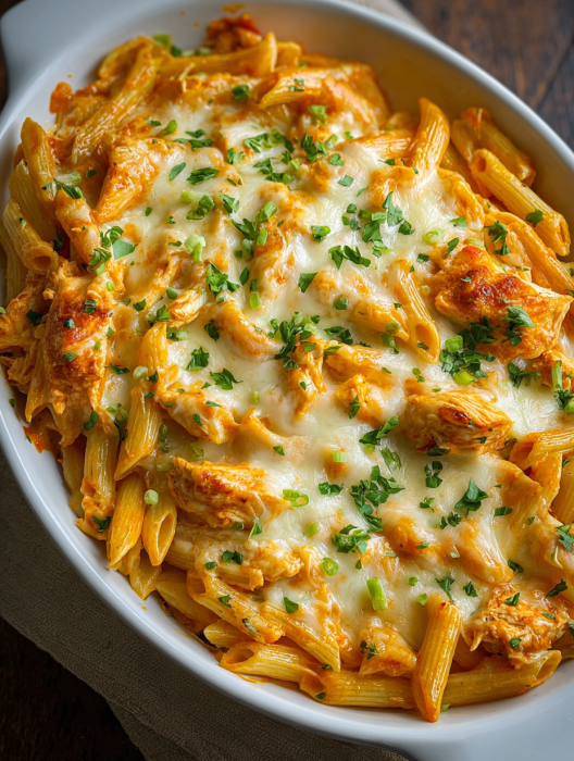 A bowl of cheesy buffalo chicken pasta bake.
