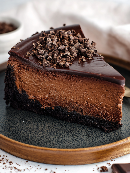 A slice of chocolate cheesecake with chocolate chips on top.