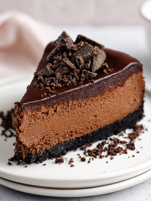 A slice of chocolate cake with chocolate chips on top.