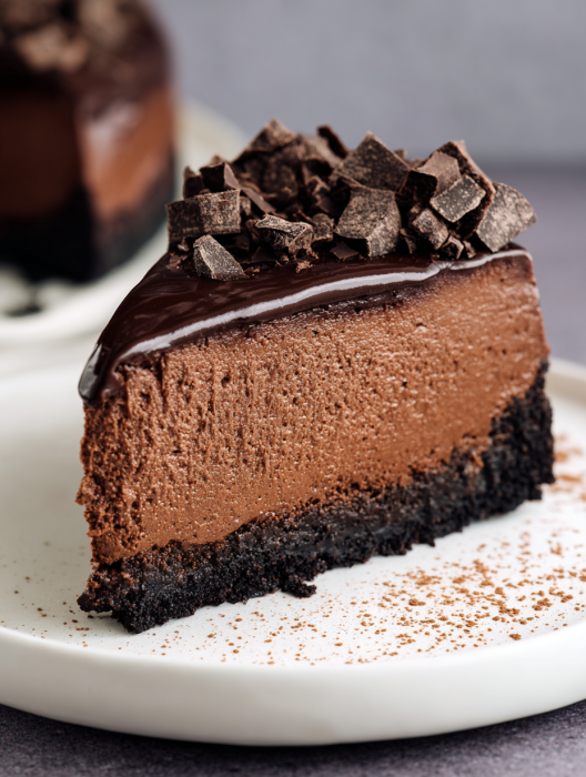 A slice of chocolate cake with chocolate chips on top.