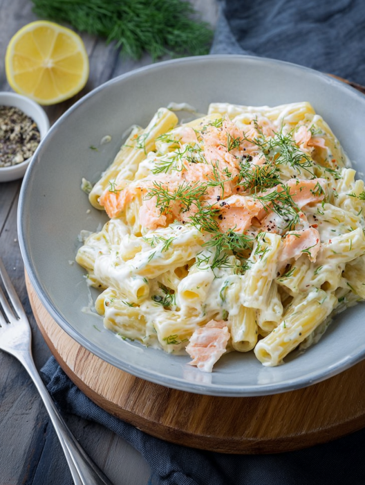 A bowl of pasta with salmon and herbs.