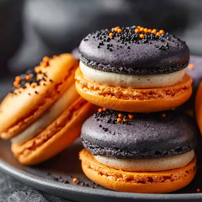 Halloween macarons on a plate.