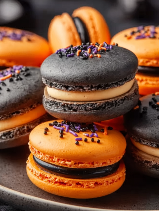 Halloween macarons with purple and orange sprinkles.