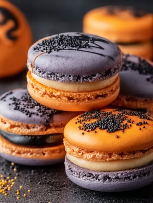 Halloween macarons with black and orange frosting.