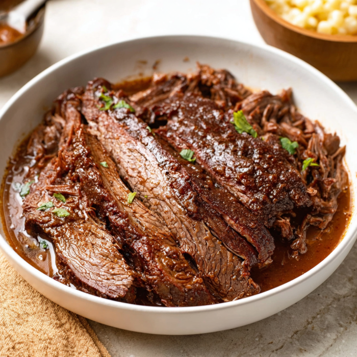 A white bowl filled with slow cooker Texas beef brisket.