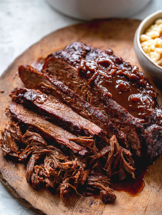 A close up of a steak with BBQ sauce.