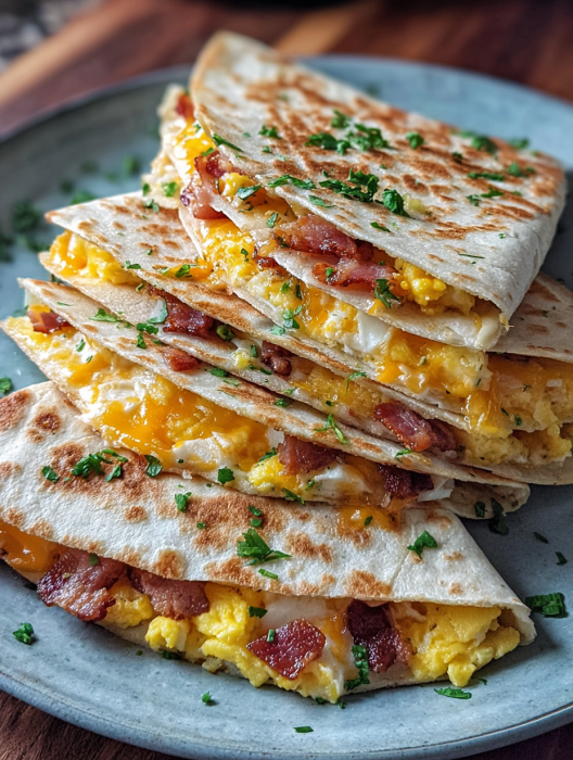 Bacon, egg, and cheese quesadillas stacked on a plate.