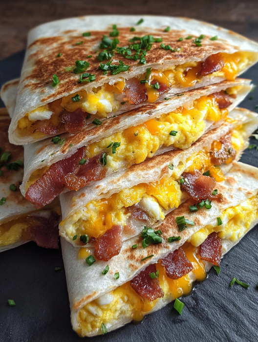 Bacon, egg, and cheese quesadillas stacked on a plate.