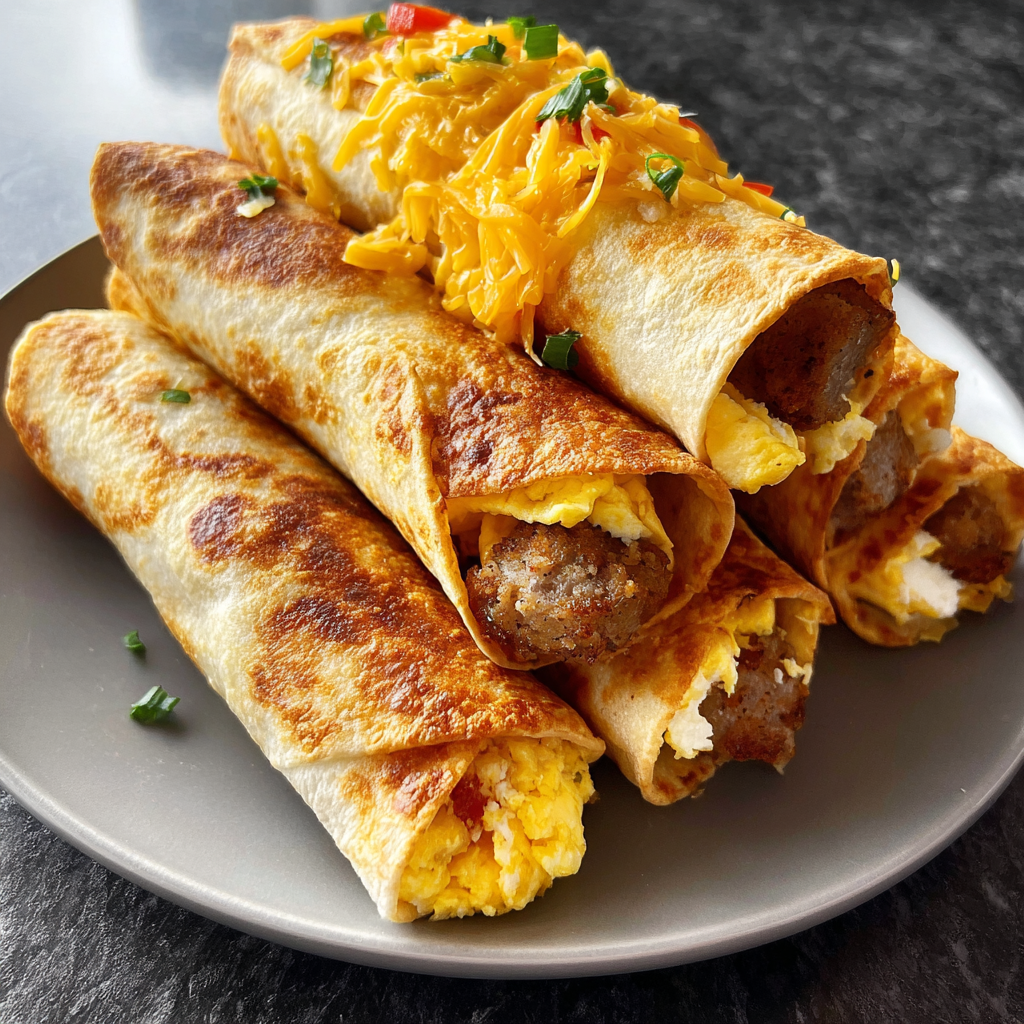 A plate of food with a breakfast burrito and a breakfast burrito with sausage.