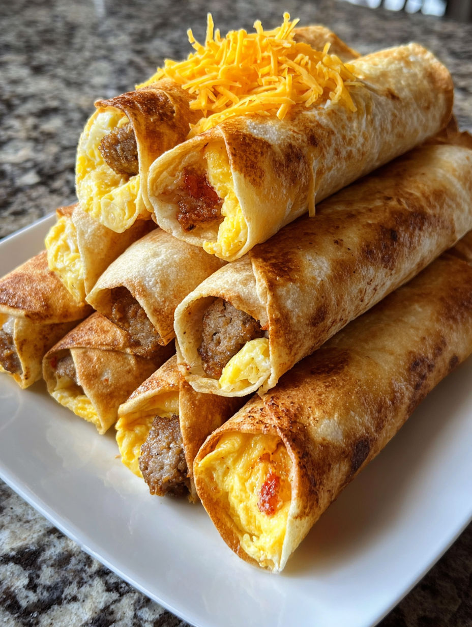 A stack of breakfast burritos on a plate.