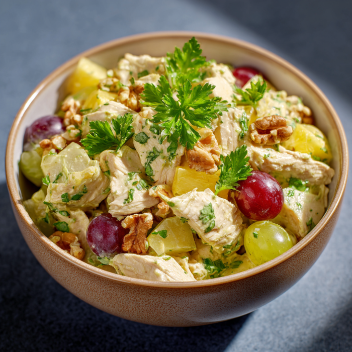 A bowl of curry-hähnchensalat mit trauben.