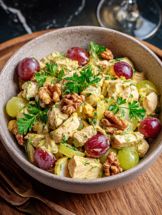 A bowl of food with grapes and walnuts.