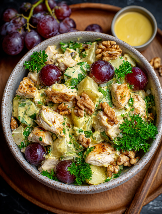 A bowl of chicken salad with grapes and walnuts.