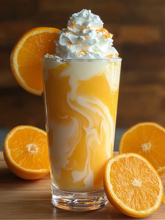 A glass of orange juice with orange slices on the side.