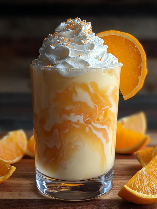 A glass of orange juice with whipped cream on top.