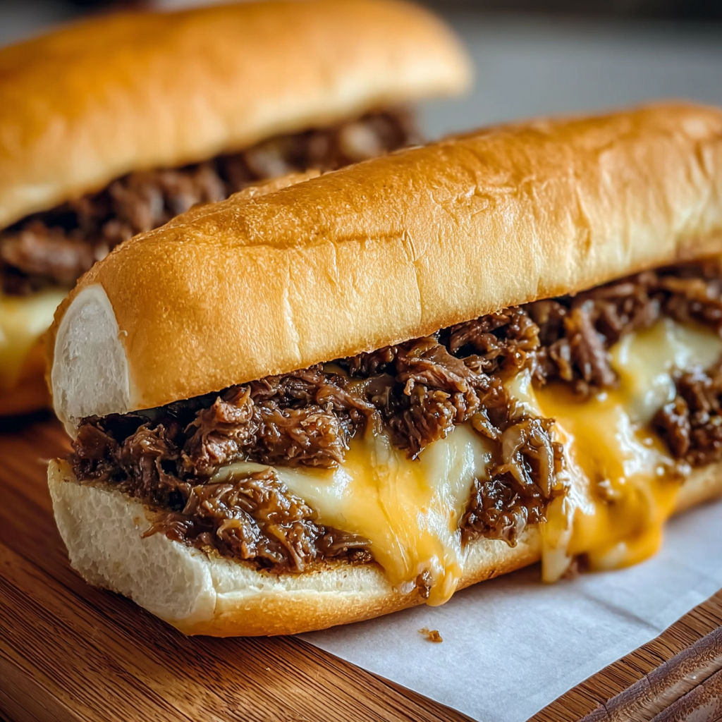 A cheesy hot beef sandwich on a wooden table.